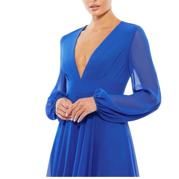 Mac Duggal NWT Size 10 55682 Royal Blue V-Neck Illusion Long Sleeve Chiffon Gown - Picture 8 of 10